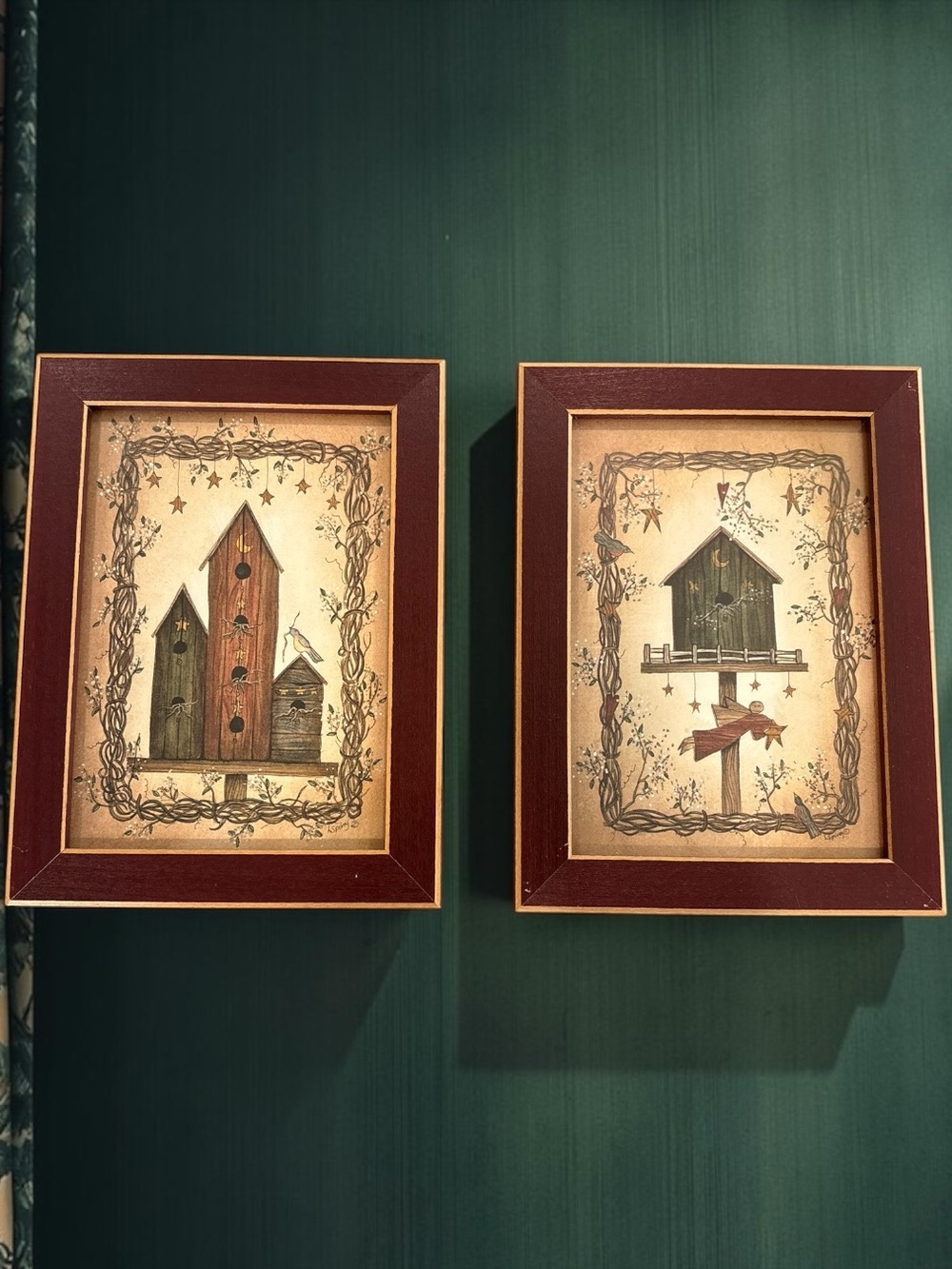 Vintage Set Of 2 Linda Spivey Birdhouse Series 8”x 6”Printed Framed Folk Art EUC